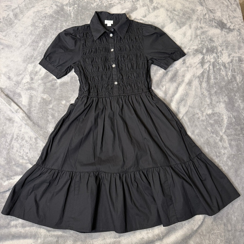 J.Crew XXS Black Smocked Bodice Tiered Shirtdress with Pockets Midi Trad J Crew